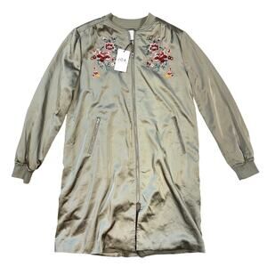J.O.A. Floral Embroidered Satin Long Line Bomber Jacket Duster Coat Women's S